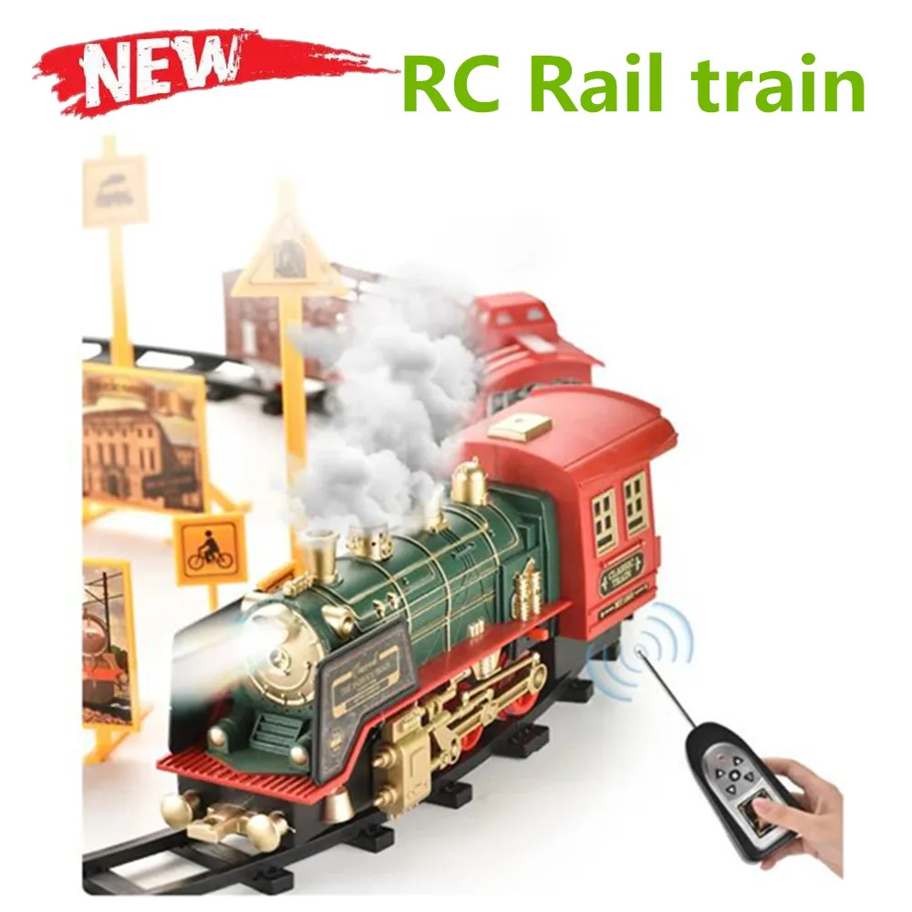 

Children's Simulation Rail Track 2.4gHZ Remote Control Classical Steam Train With Music Spray Rail Car Model Toys Gift