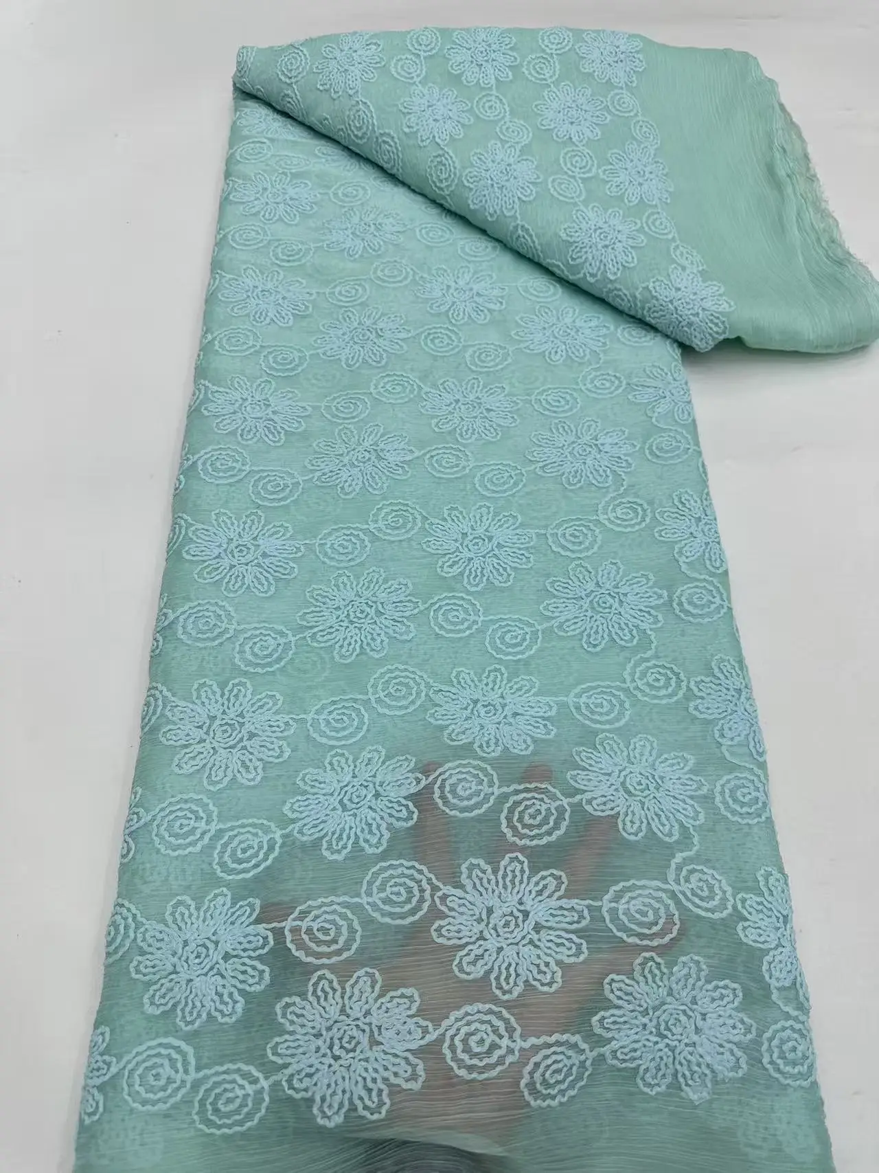 

Французская сетчатая ткань из молочного шелка с кружевом, африканский тюль, шифоновое кружево, 5 ярдов для свадебных и праздничных платьев в Нигерии, Hm285-1