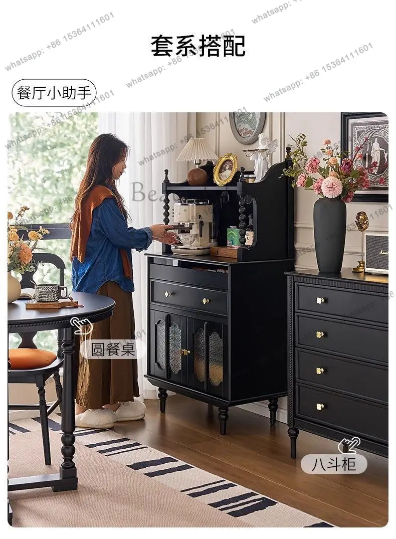 French retro solid wood dining side, cabinet, living room integrated tea storage cabinet against the wall
