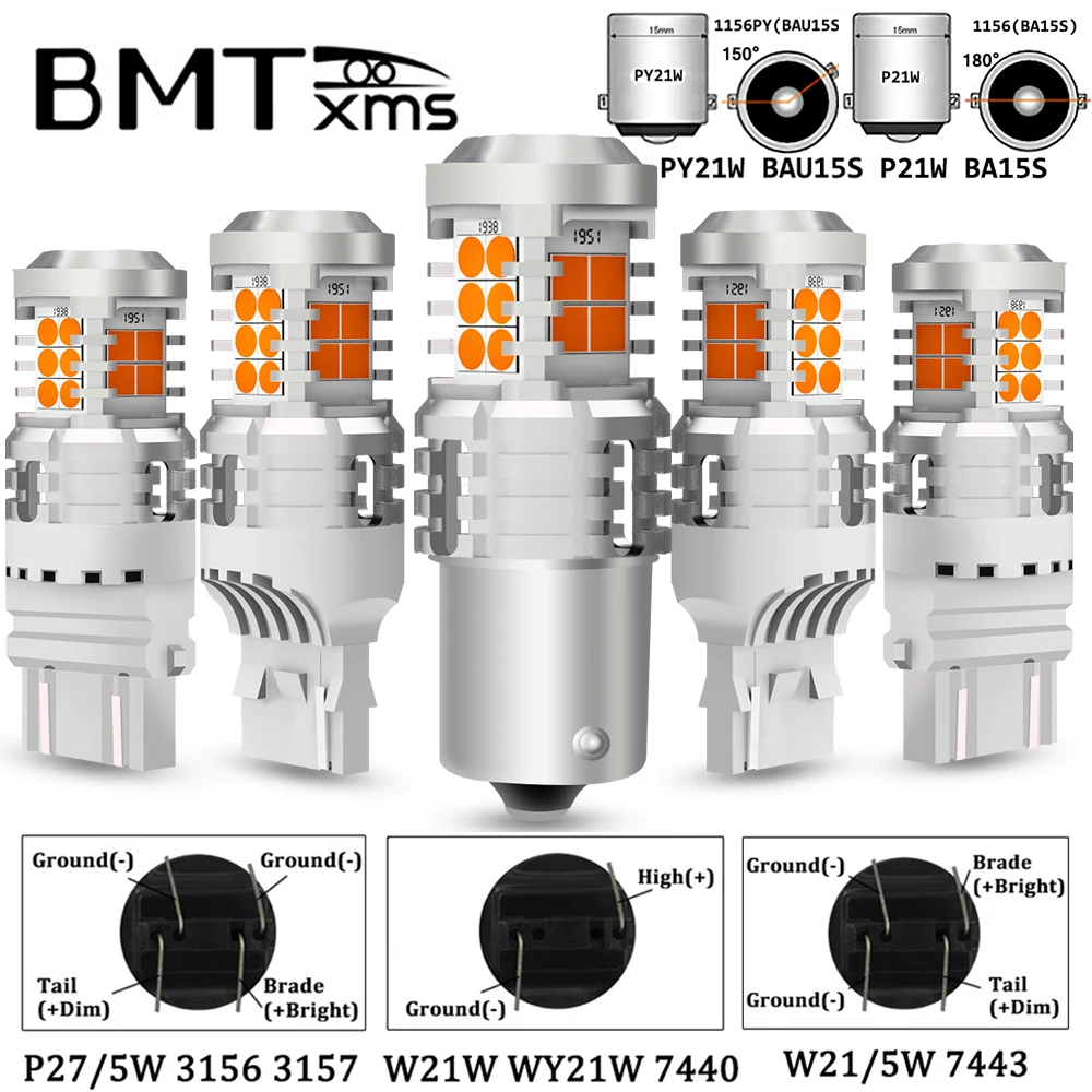 

BMTxms 2PC T20 W21W 7443 W21/5W T25 3157 P27/5W PY21W P21W LED Bulb Turn Signal Light 3000K Amber Car Moto Lamp For Honda Suzuki
