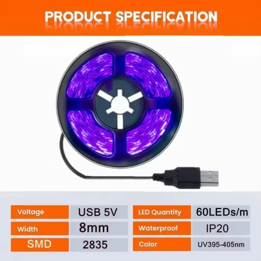 5V 2835 SMD Elastyczna taśma LED UV USB Fioletowa taśma świetlna ultrafioletowa do wykrywania pieniędzy Dekoracja świąteczna domu Podświetlenie