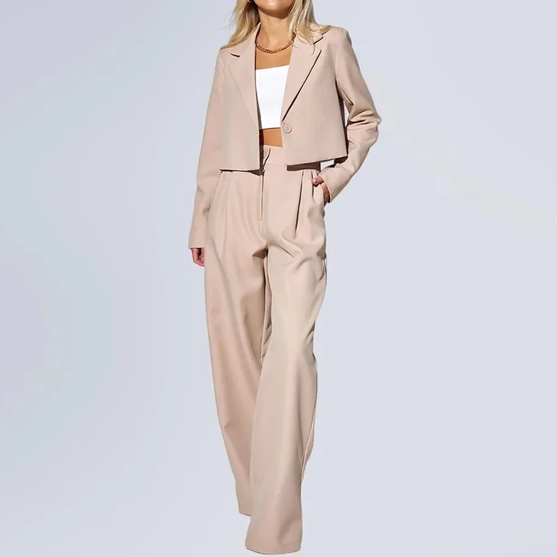 Fashion Lapel Long Sleeve Short Jacket Pants Matching Sets Elegant Lady Solid Color Wide Leg Pants Sets Temperament Casual Suits