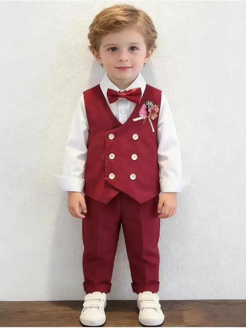 Traje de 5 piezas para niños de Rusia, rojo, 80-150, con chaleco, camisa, pantalones, pajarita y corbata de flores, para fotografía infantil, boda o cumpleaños