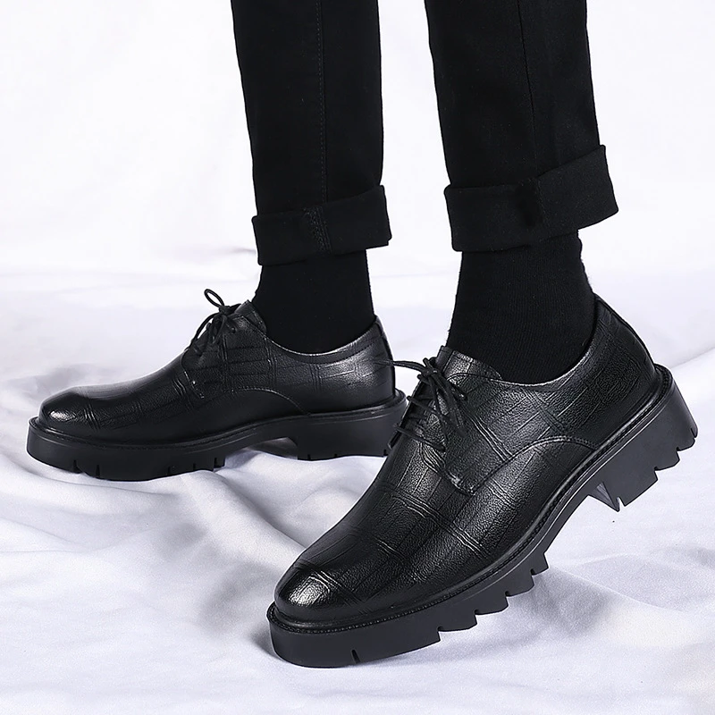 Leather Shoes Textured Pattern Lace Up Thick Lug Sole Formal Business Footwear For Office And Suit Matching Comfortable Non Slip