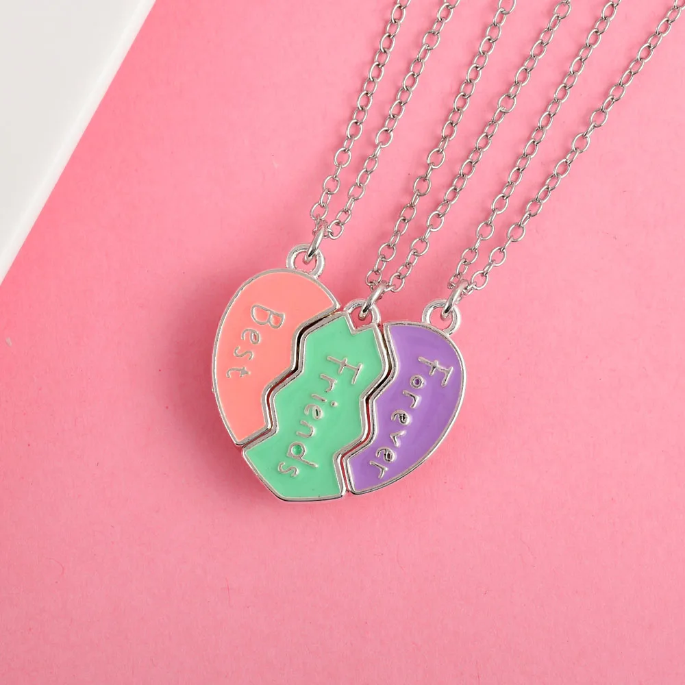 A Girl 3Pcs/set Heart-shaped Stitching Letter Best Friend Necklace BFF Friendship Jewelry Gifts for Girls