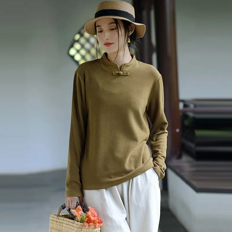 

Women Long Sleeve Casual T-shirts New 2024 Autumn Chinese Style Vintage Stand Collar Solid Color Female Basics Tops Tees M185