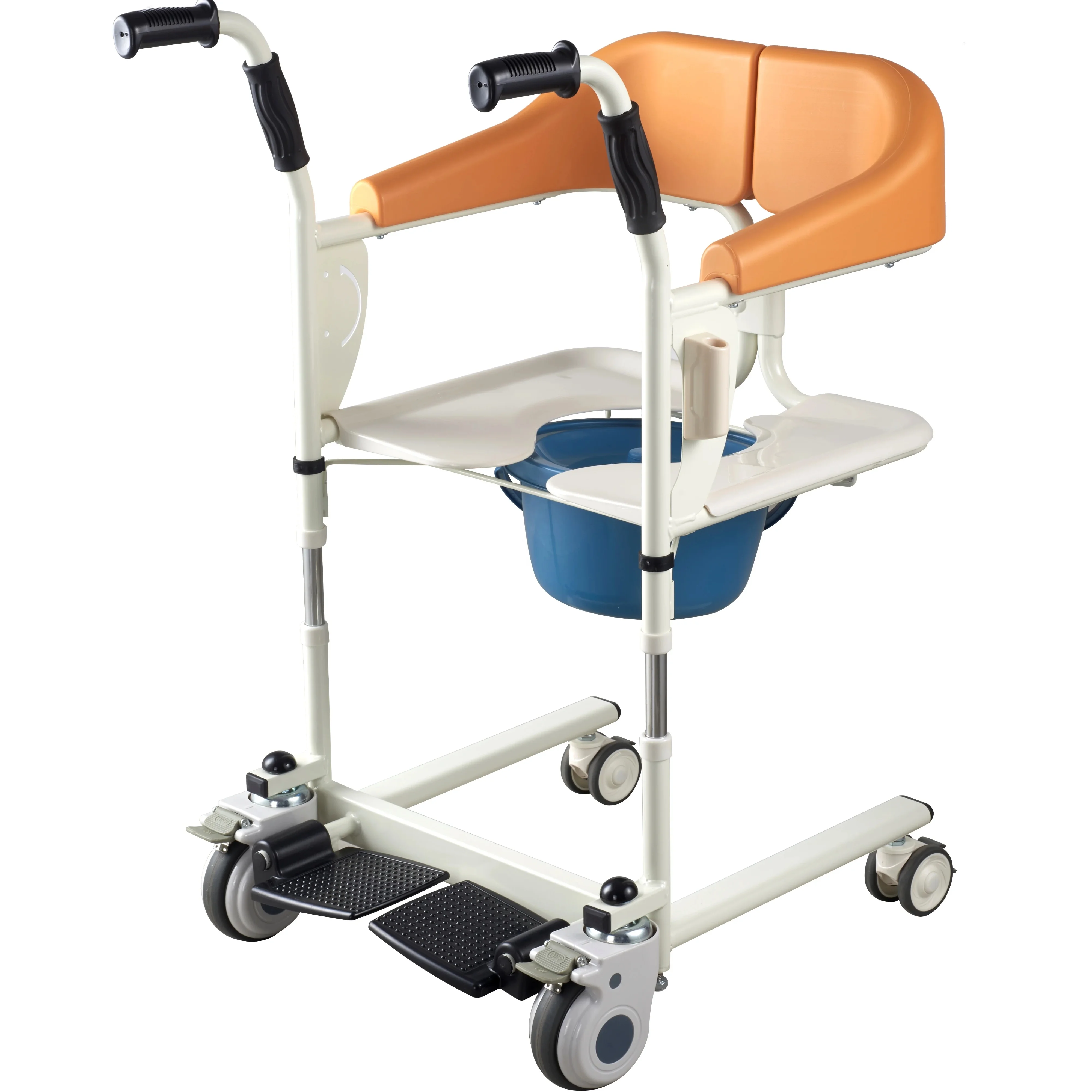 

Hot Sale Movable Nursing Adjustable Control Manual Rehabilitation Patient Transfer Commode Chair for Elderly