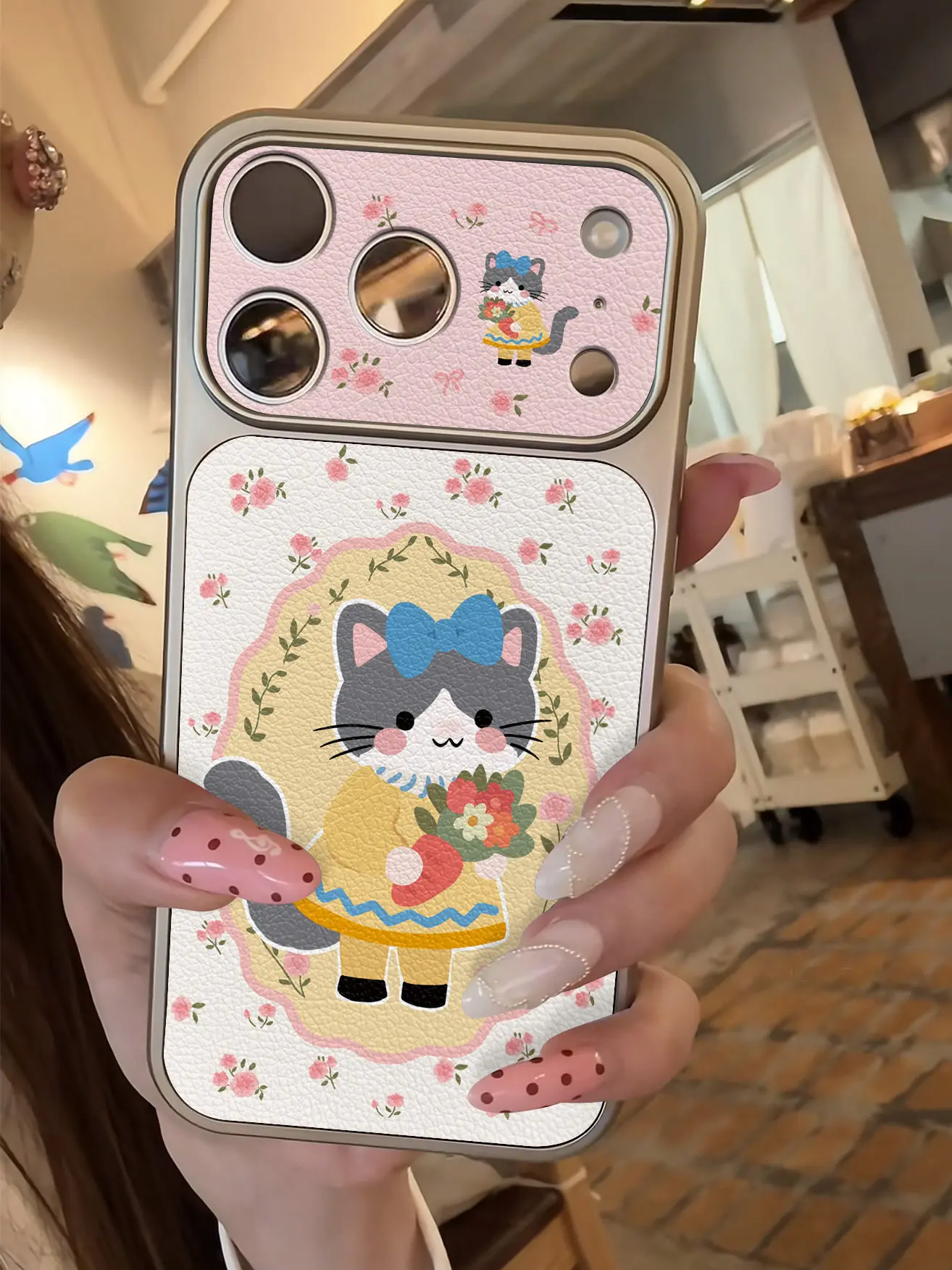 Cartoon-Farbige Kätzchen-Imitat 17 Handyhülle für iPhone 13 14 15 16 17 Pro Max 17Pro, Galvanisierter Stoßfänger, Stoßfeste Leder-INS-Hülle – Detail 7