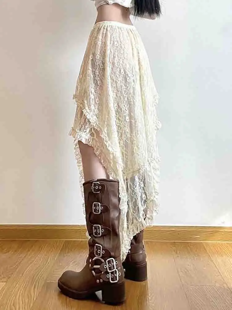 Irregular A-Line  Skirt Women's Overlap Apron Lace Curtain Long Skirt Dongda Gate Half-length Skirt Korean Style Commute