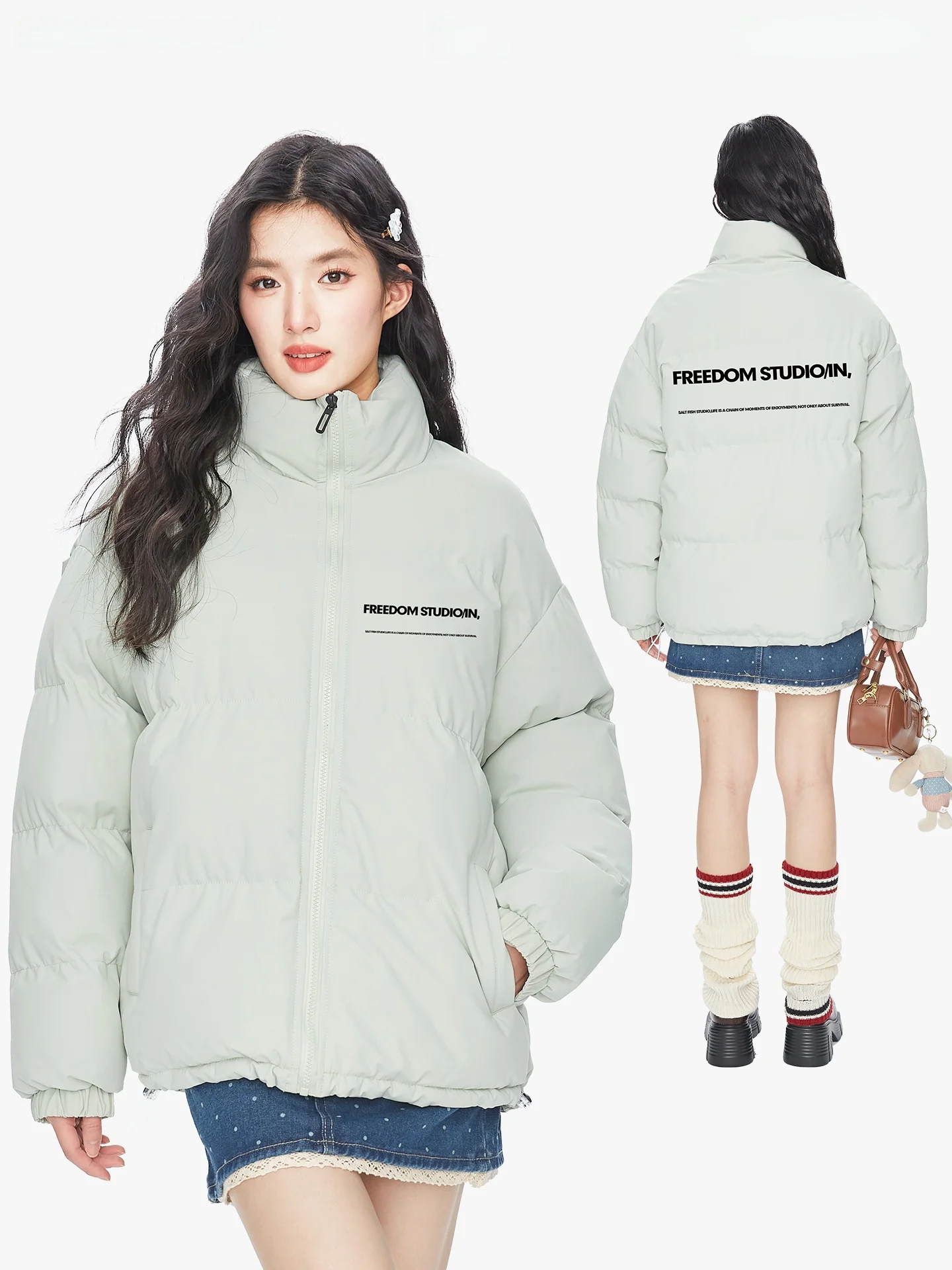 

Couples Cotton Jaet Korean Sle Loose Fit Women's Stand Collar Windproof Warmth Candy Color Letter Print Commute Winter Ou...