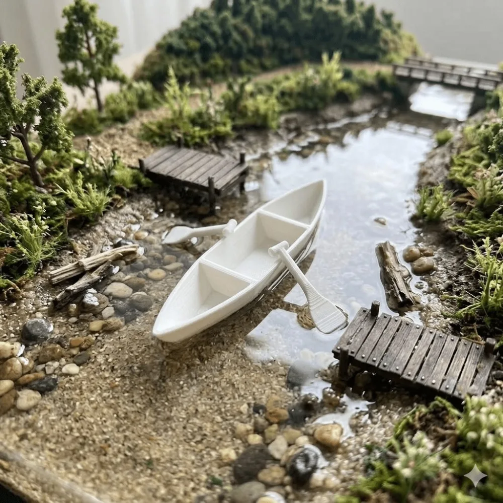 1Set of Exquisite White Canoe Model, Landscape Decoration, Plastic DIY Kit, 1 Boat+2 Oar, for Creative Desktop Scene Models