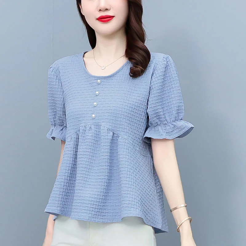 Elegant O-Neck Button Loose Folds Ruffles Blouse Women Clothing 2023 Summer New Casual Pullovers Office Lady Puff Sleeve Shirt