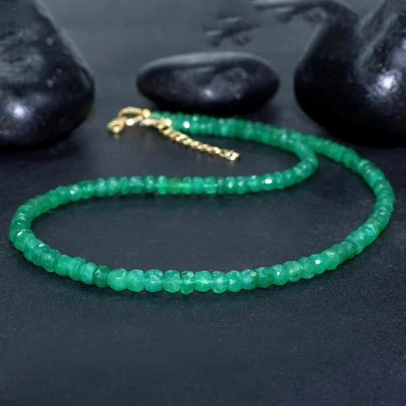 Green Emerald Facete Beryl Gemstone Beads Gold Fill on 925 Silver Necklace 18