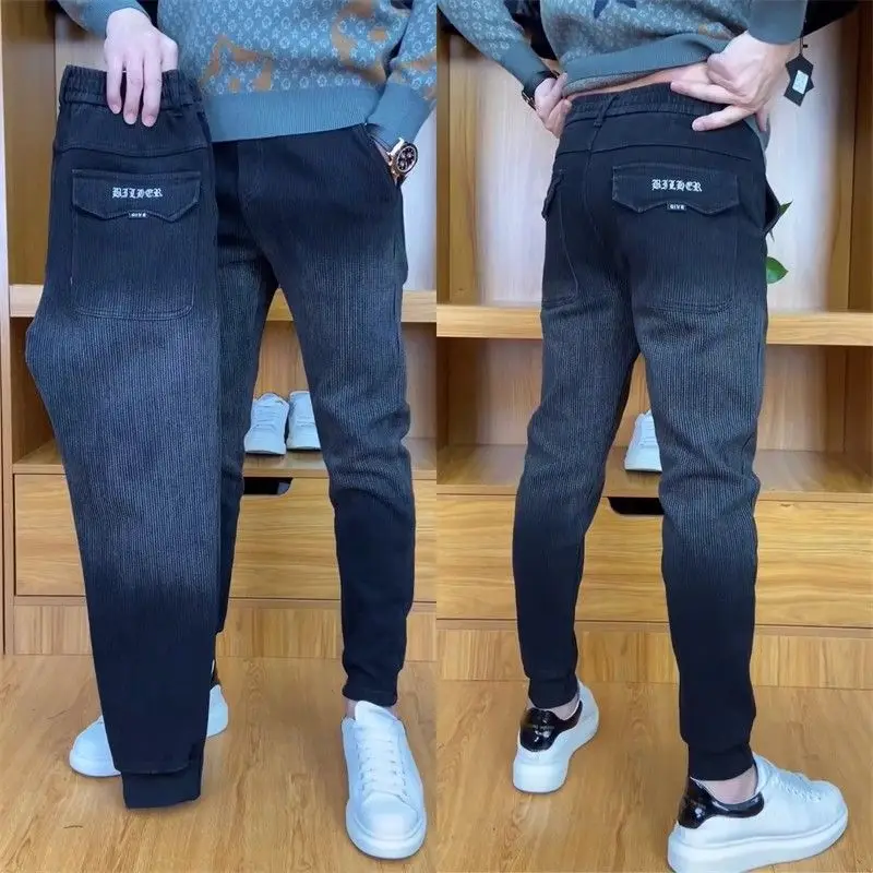 

Men's Casual Gradient Color Block Stripe Jeans Spring Autumn Fashion High Waist Cotton Elastic Straight Leg Pants