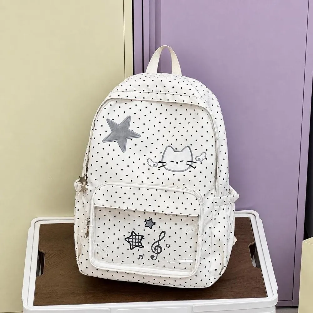 Kawaii Star Cat Embroidery Travel Backpack Large Capacity Nylon School Bag Polka Dot Ita Bag for Students