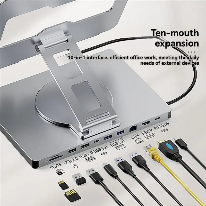 QWE-360° Rotatable 10 Ports Docking Station With USB Hub Card Reader RJ45 For Laptop Foldable Universal Bracket Holder