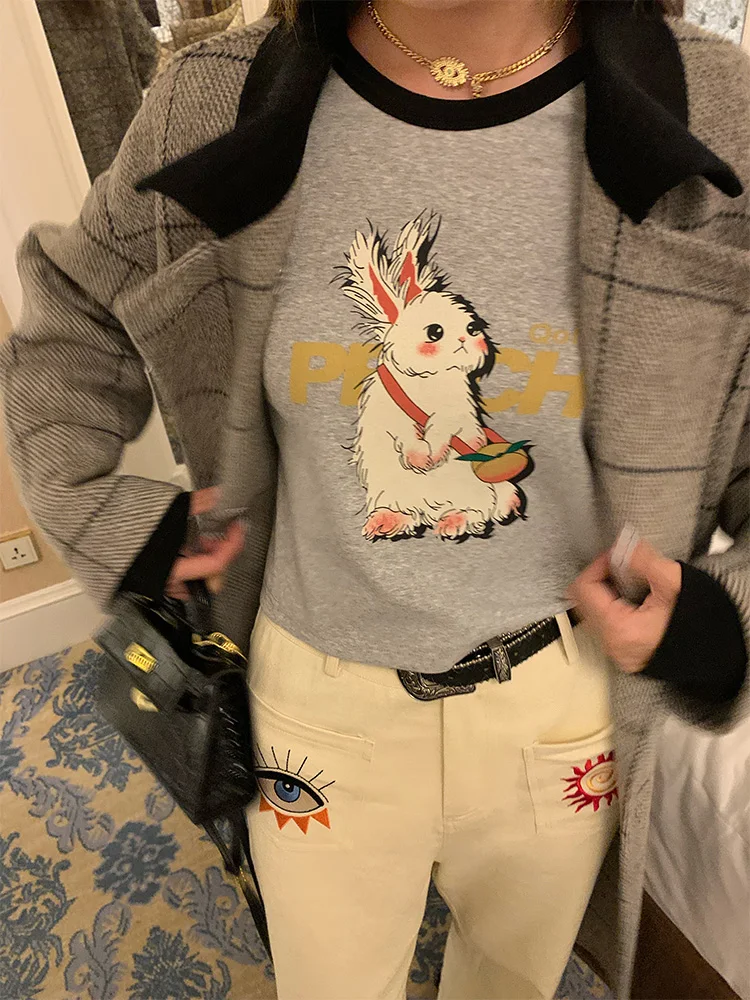 تي شيرت رمادي بأكمام طويلة للنساء بتصميم قصير وتصميم عصري للخريف وطباعة أولية ونمط مناسب للتنقل وفضفاض من القطن برقبة دائرية