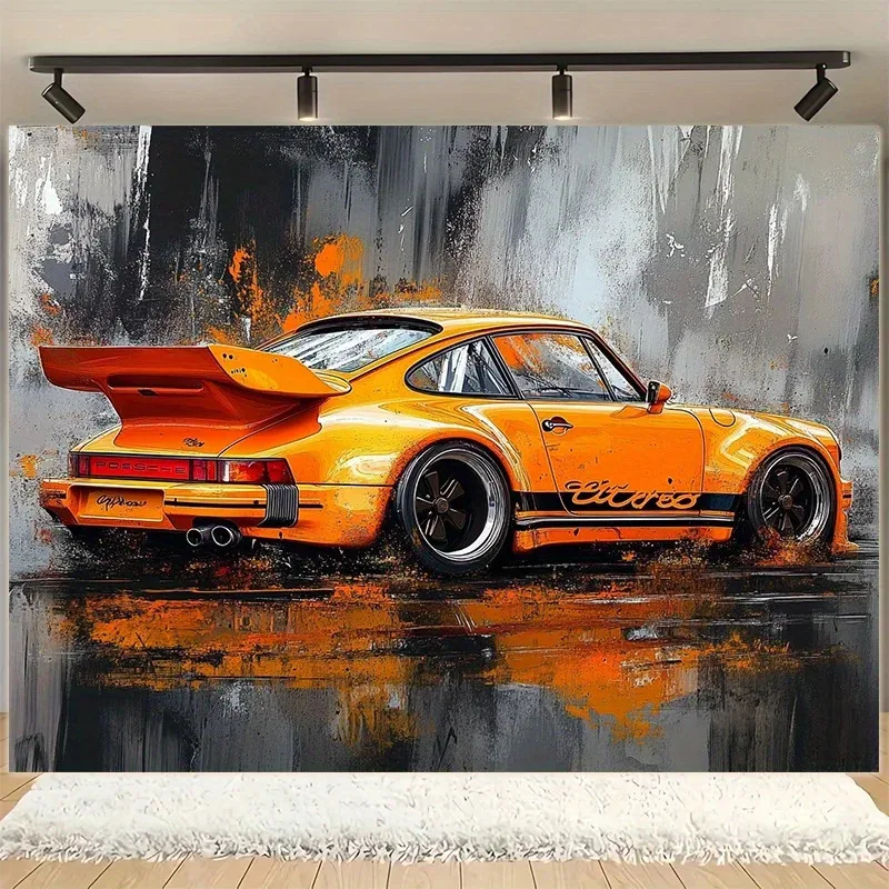 1 piece, 2D flat, retro orange sports car banner - professional backdrop and party - family celebration gathering, wsj