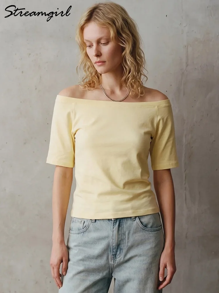Women Off Shoulder T Shirts Plain White Oversized Summer Blue Sexy Short Sleeve Top Tees Basic Loose Women's T Shirts Yellow