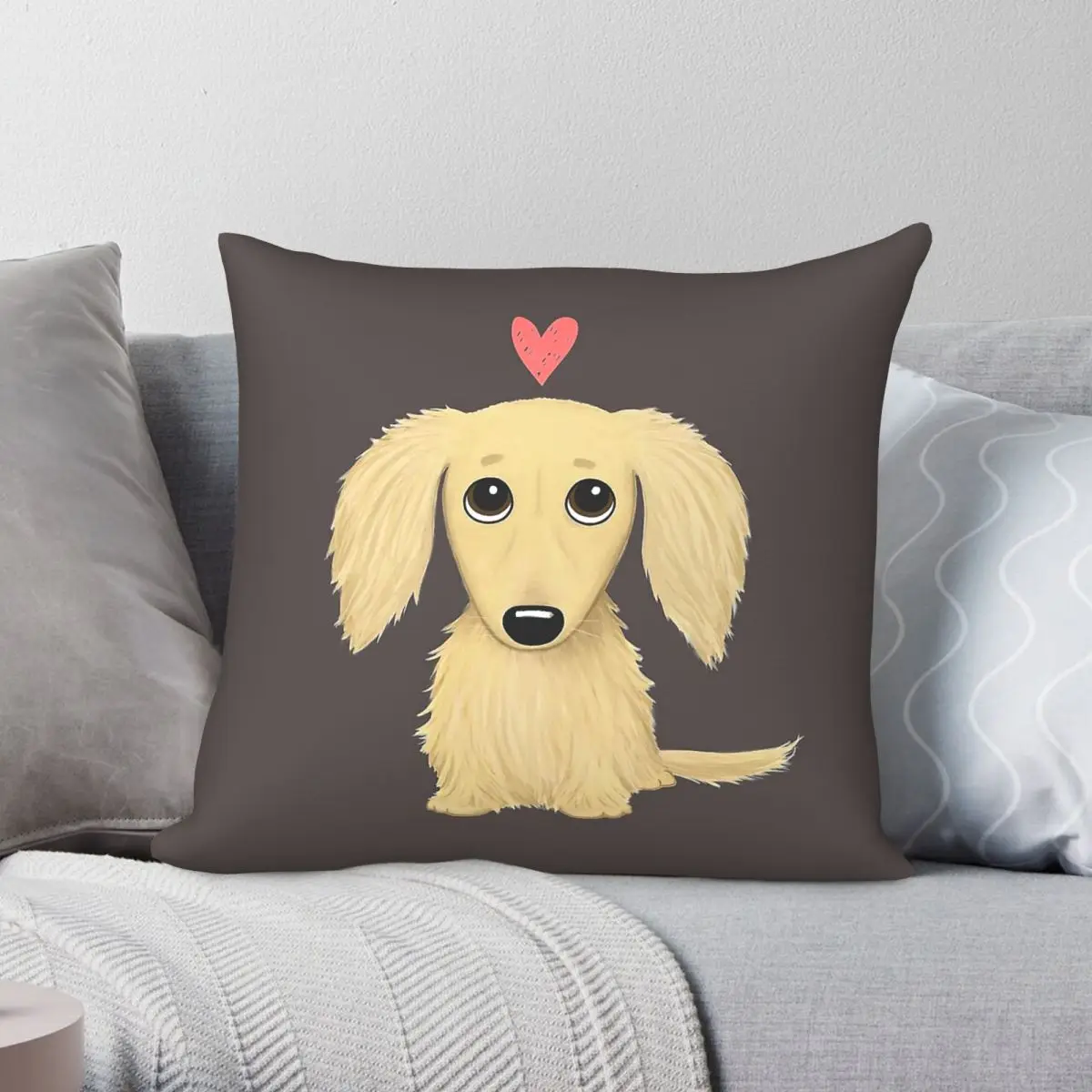Longhaired Cream Dachshund Heart Square Pillowcase Polyester Linen Velvet Printed Zip Decor Throw Pillow Case Sofa Cushion Cover
