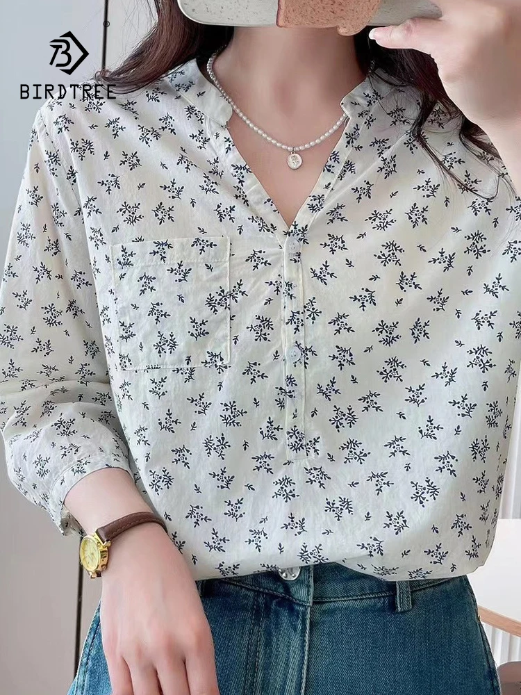 

New Spring Cotton Printed Shirt Women V Neck 3/4 Sleeve Sweet Tops Girl Loose OL Versatile Fashion Blouses 2024 Autumn T45248QC