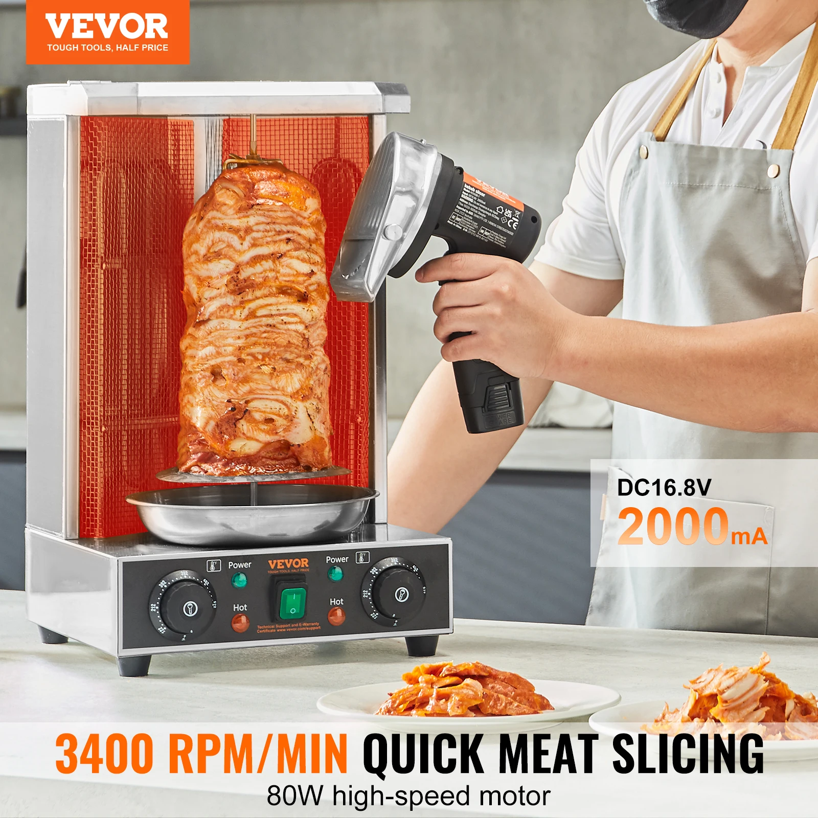 VEVOR Electric Shawarma Knife, Cordless Battery Professional Turkish Knife Commercial Stainless Steel Gyro Cutter