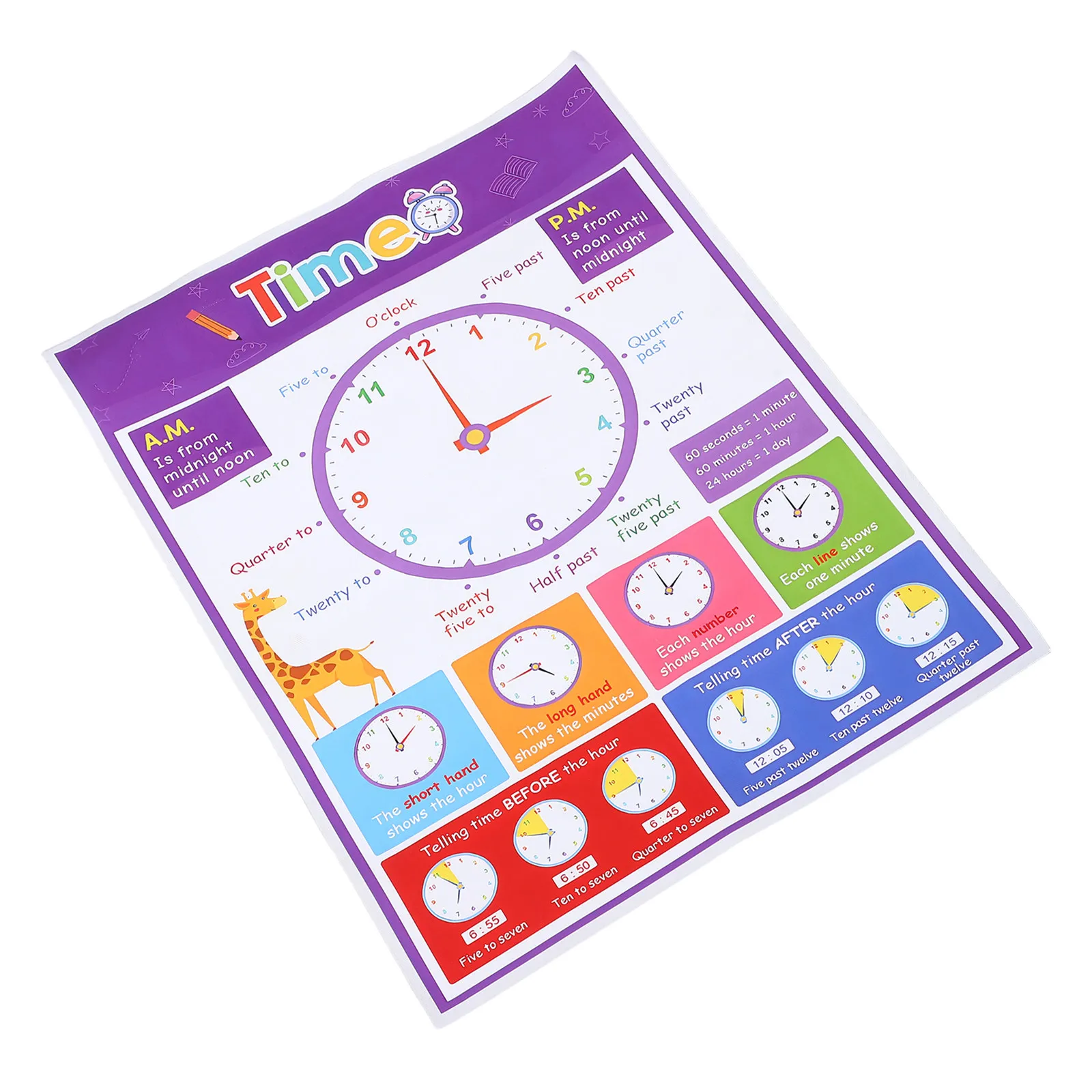 Time Teaching Poster for Kids Educational Wall Chart Learning Aid 40x50cm Analog Clock Math Time Teaching Chart Classroom