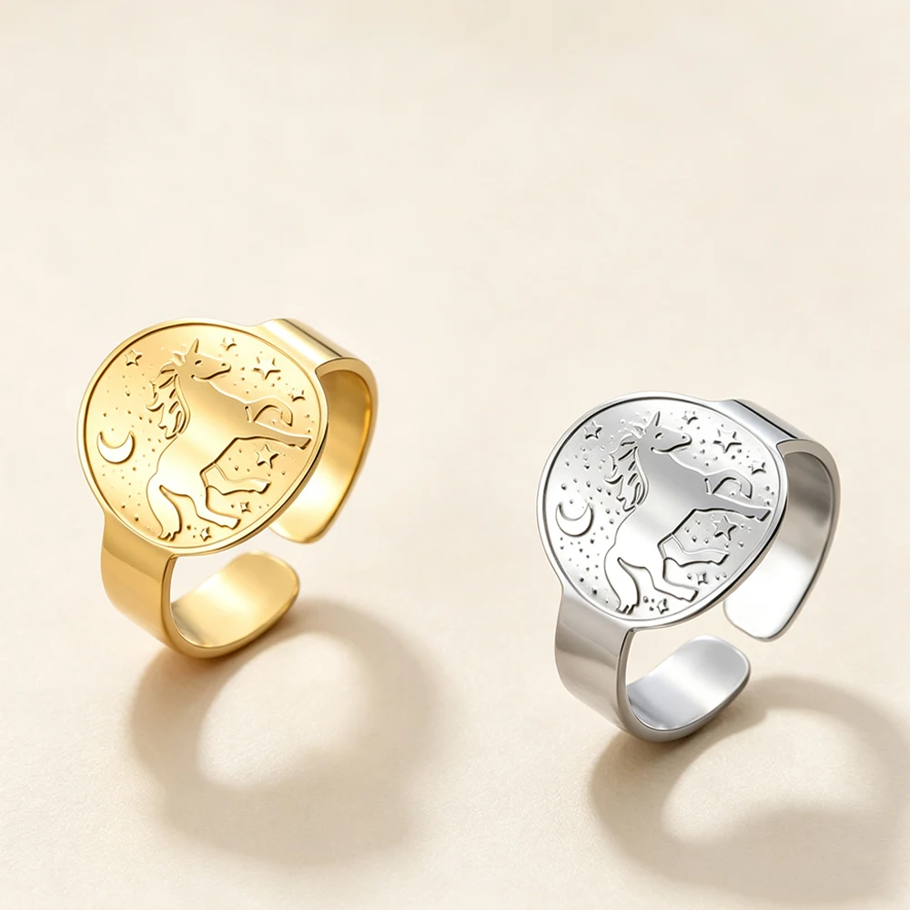 1PC Ring Mythical Unicorn Star Moon Signet Ring Adjustable Open Finger Rings Stainless Steel Fashion Jewelry Waterproof