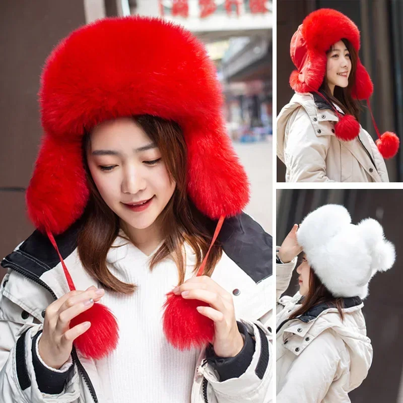 

Faux Fur Winter Hat Women Windproof Earflap Trapper Cap Ski Russian Cap Ushanka Bomber Hat