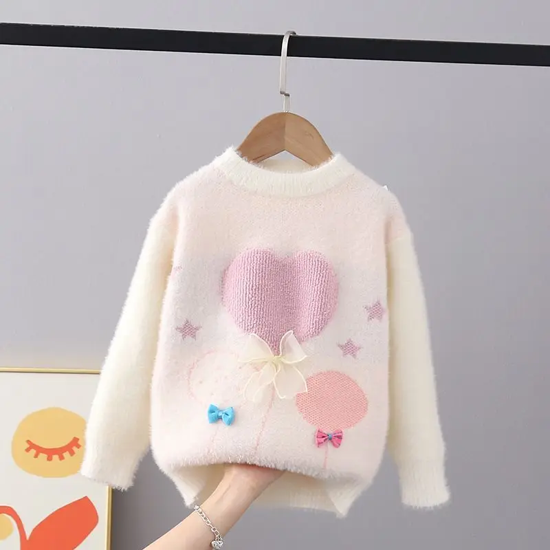 Chic New Autumn Winter Thick Pullover Sweaters Girls Knit Lace Butterfly-knot Sweaters Children Clothing Girls Sweater FY11292