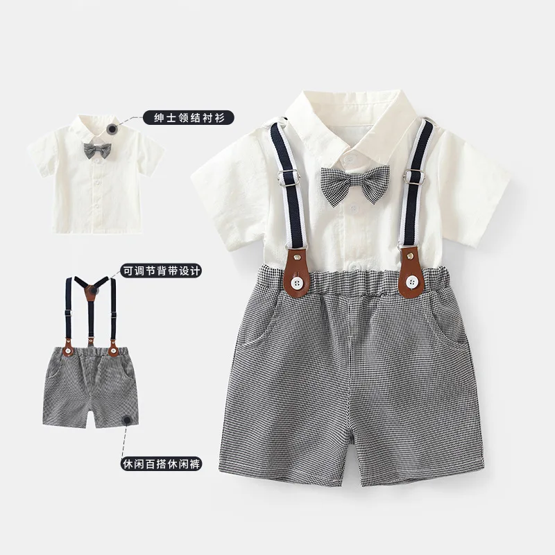 Boys and gentlemen dress set 2026 summer new children's short-sleeved white shirt overalls campus garden clothing
