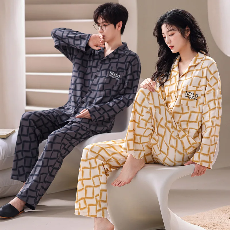 High Quality 95% Cotton Korean Fashion Nightwear for Couples Autumn Cardigan Pajama Set for Men and Women Plus Size Home Clothes