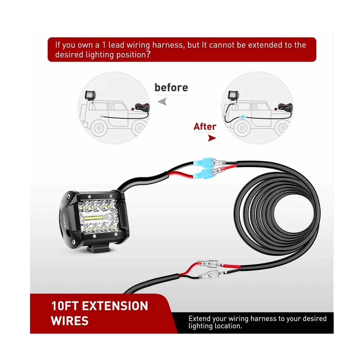 2PCS 16 AWG 10 Ft 3 Meters Wiring Harness Extension Kit Wiring Harness Extension Kit for LED Work Light Bar LED Pods