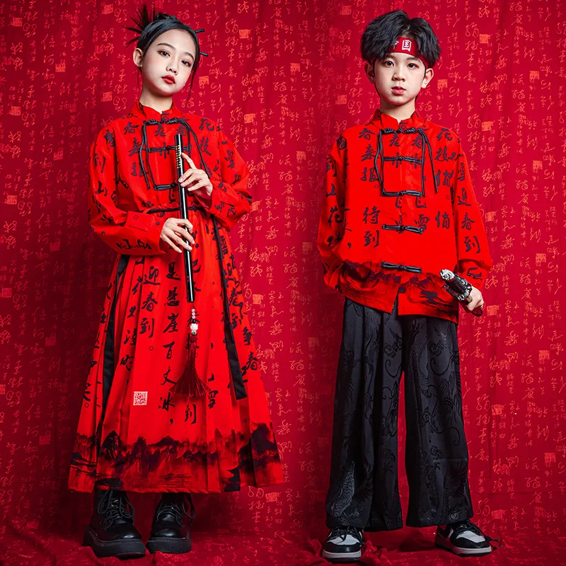 Kids Boys Chinese Vintage Loose Casual Long Sleeve Shirt Pant Girls Pleated Skirts Sets Children Pupil Clothes Tracksuits