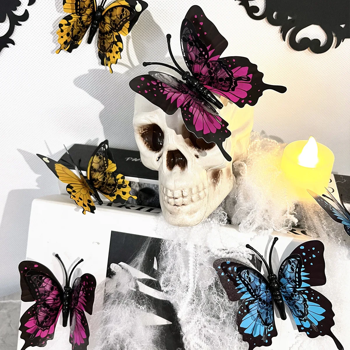 12Pcs Halloween 3D Skull Rose Butterfly Sticker Home Decoration Halloween Horror Wall Stickers Haunted House Bar Party DIY Decor