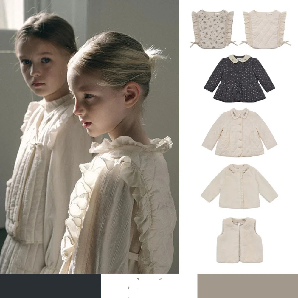 In-Stock Long-Sleeve Diamond Patterned Faux Fur Jacket for Girls Thick Cotton Vest Outerwear for Children Cotton Coat