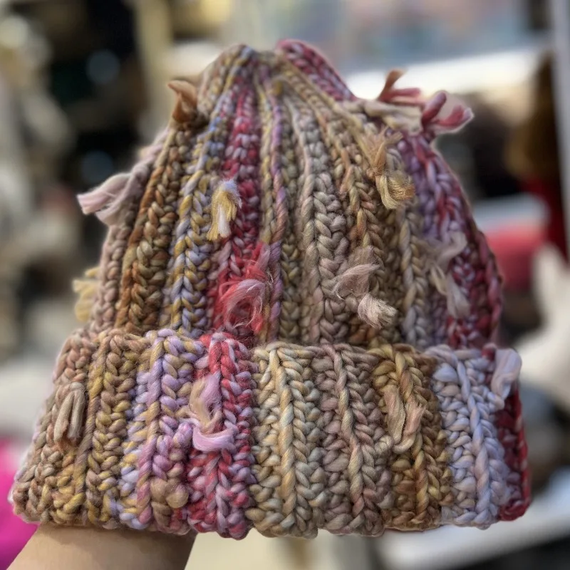 Niche Colorful Tassel Knitted Hat for Women Winter Warm Handmade Crocheted Ear Protection Pacifier Hats for Women Beanie Caps