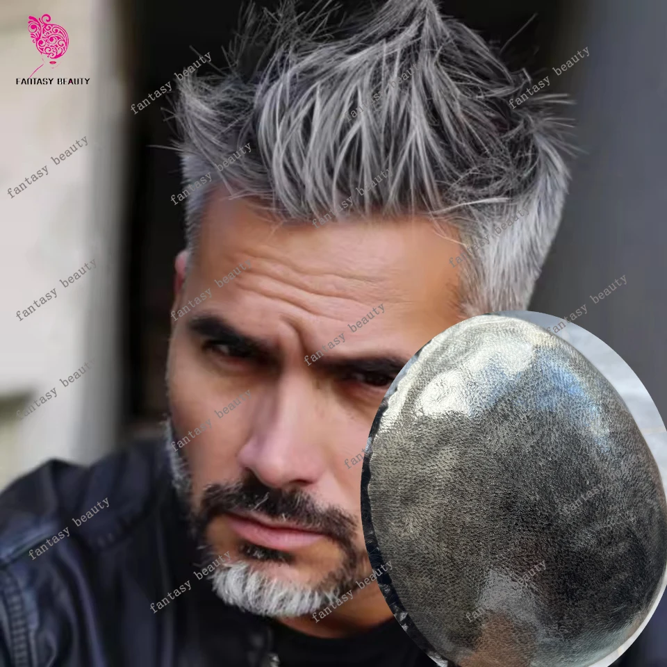 

Натуральная линия волос, серый 1B20 1B50 1B65, прочный мужской парик, супертонкий, 0,1 мм, кожа PU 1B # Черно-коричневая блондинка 100% человеческие волосы