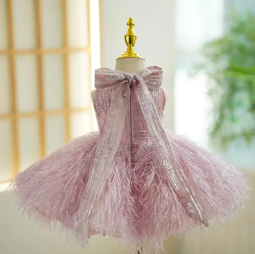 High-End Children's Princess Evening Gown Bow Feather Stitching Design Wedding Birthday Baptism Eid Party Girls Dresses A3589