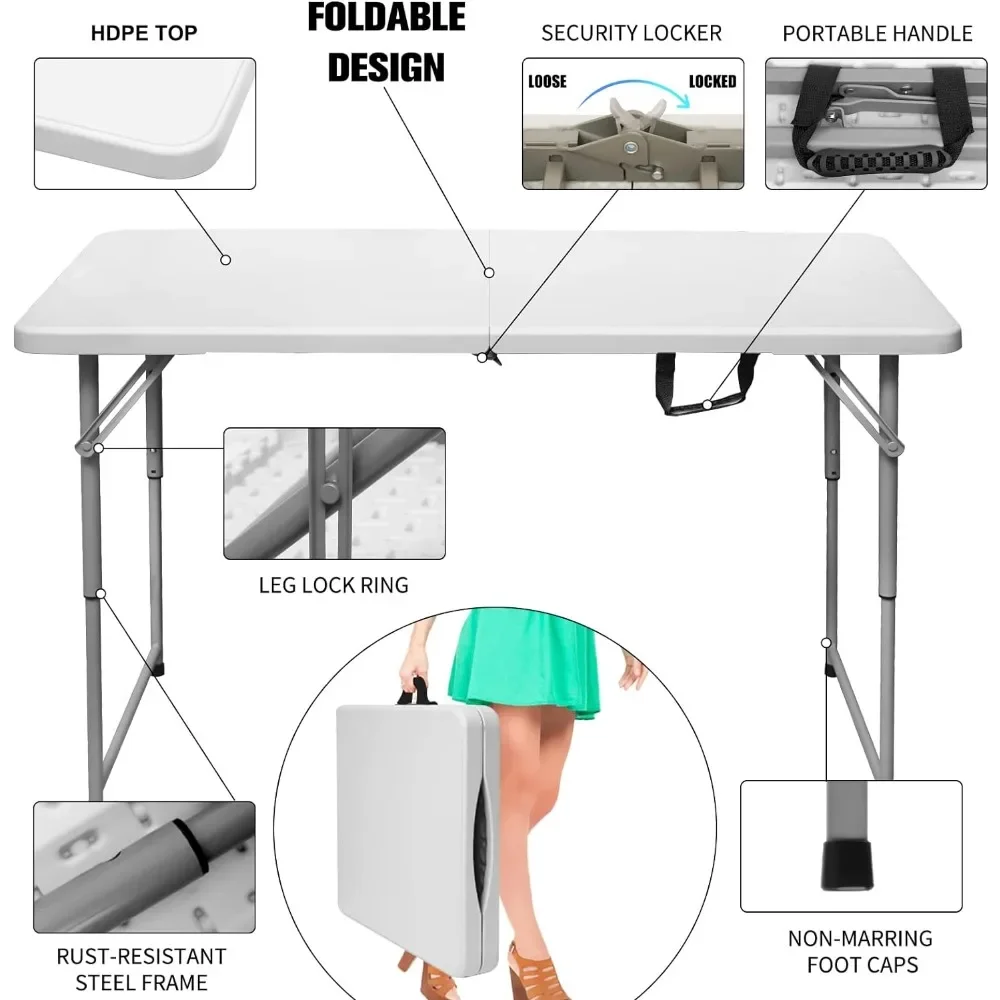 Outdoor Folding Table,  4 Foot Portable Heavy Duty Plastic Fold-in-Half Utility Table with  Adjustable Height,  Camping Table