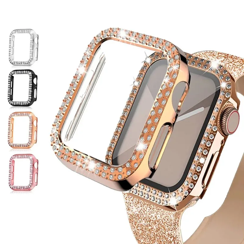 Shiny Diamond PC Bumper Case For Apple Watch Series 9 8 7 6 SE 5 4 44mm 40mm 41mm 45mm Luxury Women's Decorative Watch Protector