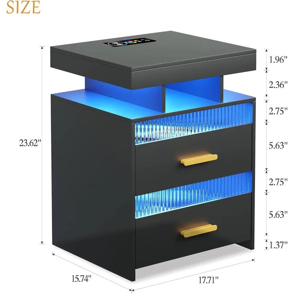 Black Night Stand with Charging Station: All in One Nightstand with Drawers Bedside Table with LED Light & Human Sensor Design