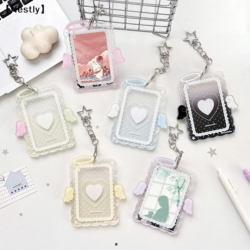 1Pcs 3 Inch Transparent Acrylic Photocard Holder Cartoon Angel Wing Star Keychain For Kpop Photos ID Cards〔Nest〕