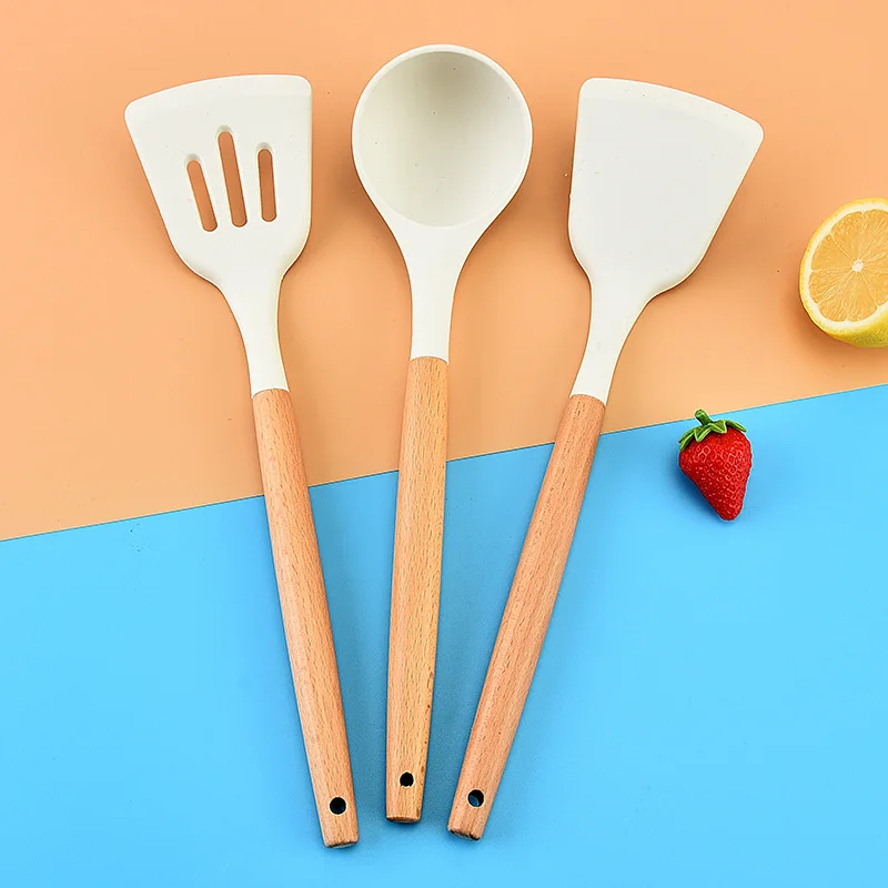 1pc silicone kitchenware set with short wooden handle, non stick pot, spoon, spatula, food clip, scraper, oil brush creamy white