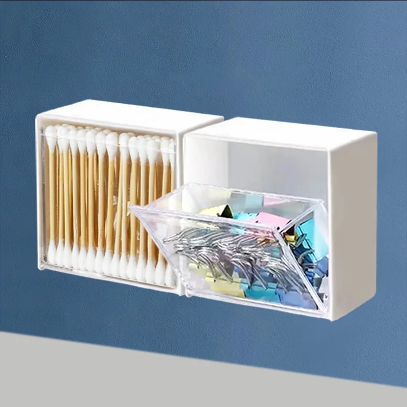 

1pcs Acrylic Wall Mounted Cotton Swabs Storage Boxes Dustproof Bathroom Organizer for Makeup Adhesive Small Jewelry Holder Box