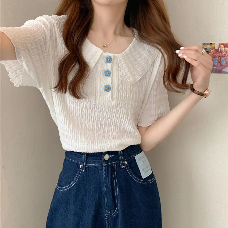 Women's 2024 Sweet Short Sleeve T-Shirt Preppy Style Flowers Button White Blouses Woman Fashion Loose Peter Pan Collar T Shirt