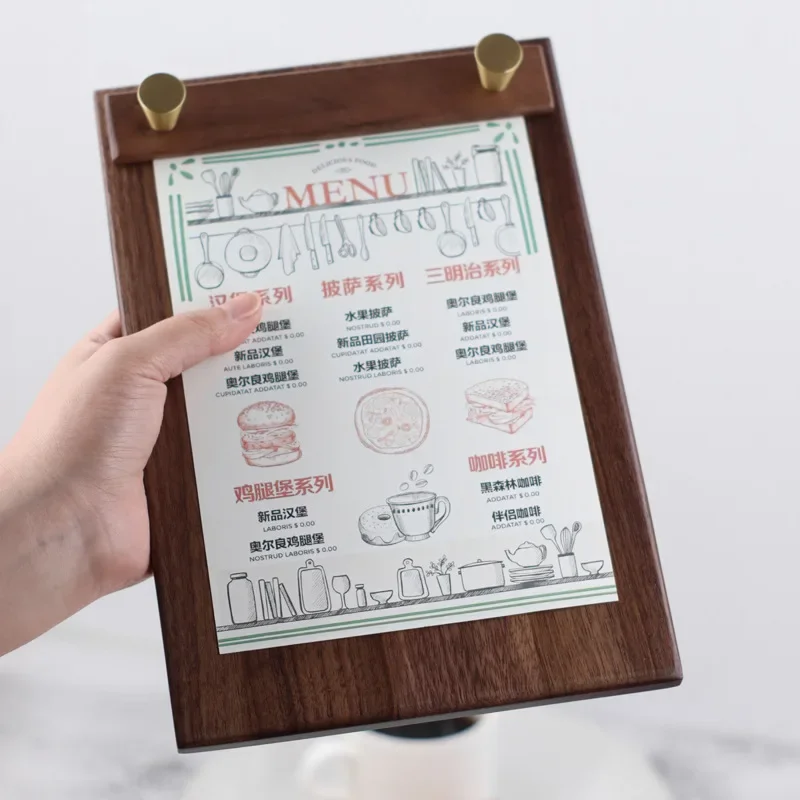 A4/A5 Clipboard Solid Walnut Wood Menu Board Solid Wood Display Board High-grade Coffee Price List Menu Display Design Printing