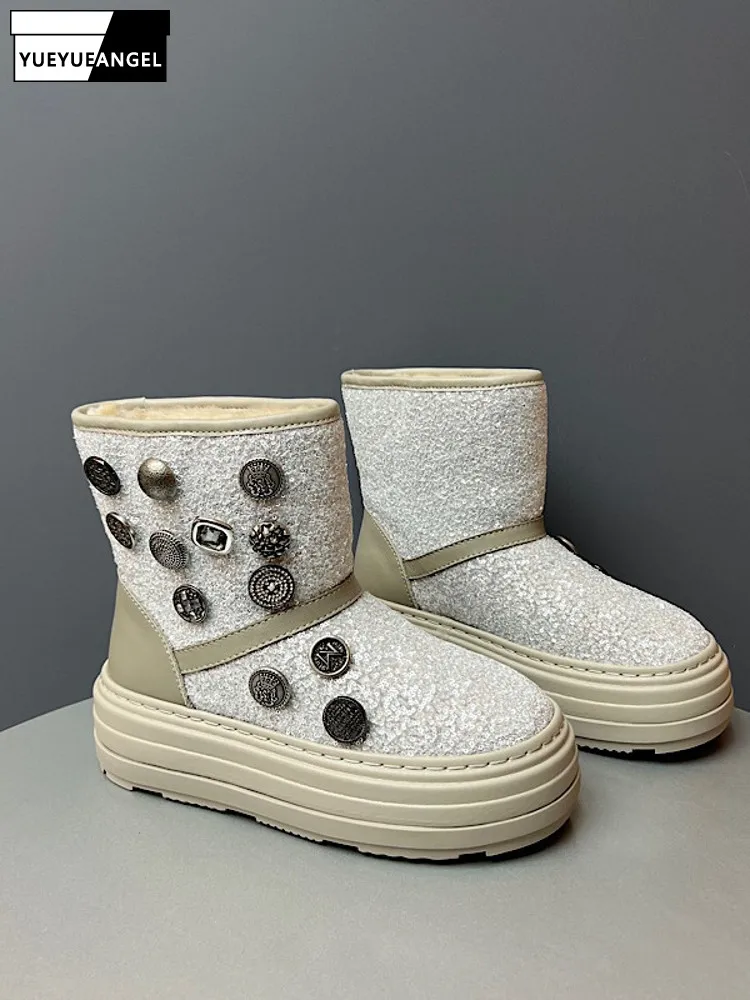 Winter Women Rivets Shiny Sequined Warm Fleece Lining Snow Boots High Top Thick Platform Ankle Boots Casual Slip On Work Shoes