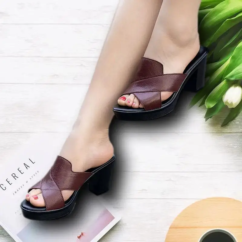 Women Summer New High Heels Slippers Feamle Thick Heel High-heeled Casual Shoes Outdoor Heel Slippers Footwear Zapatos De Mujer