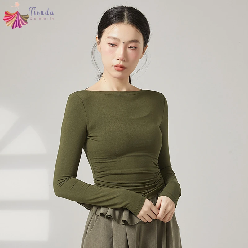 

Женские топы для современных танцев, облегающая рубашка с вырезом лодочкой и длинными рукавами, повседневная тренировочная одежда для сцены, повседневная тонкая блузка, танцевальная одежда